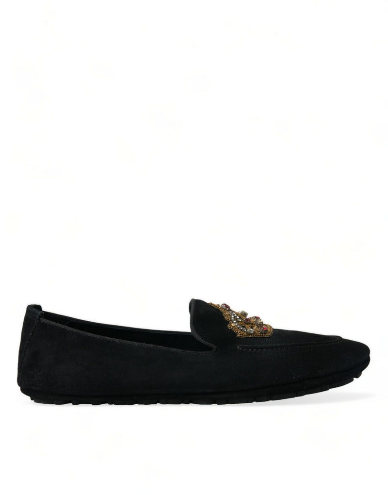 Black Leather Crystal Crown Loafers Shoes