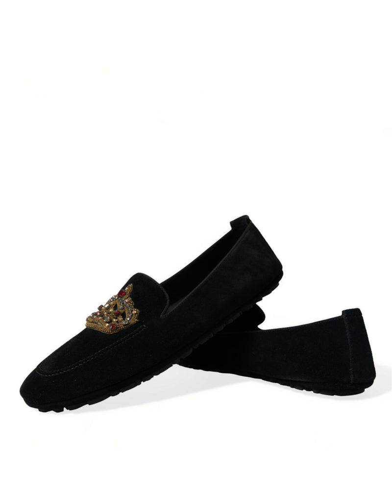 Black Leather Crystal Crown Loafers Shoes