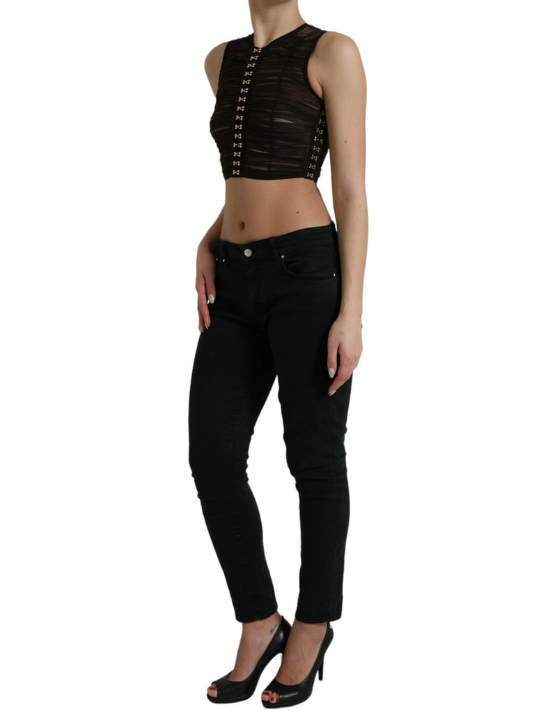 Brown Embellished Nylon Stretch Cropped Top