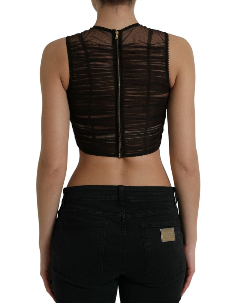 Brown Embellished Nylon Stretch Cropped Top