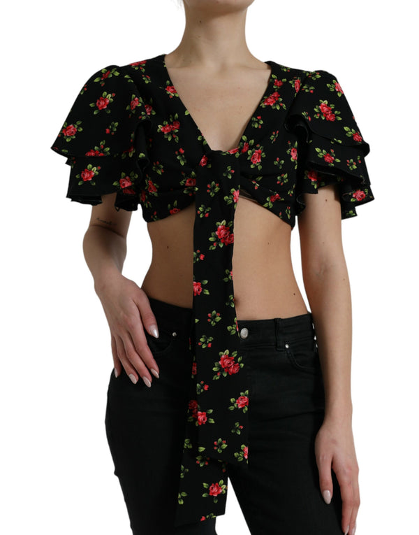 Black Floral Print Short Sleeves Cropped Top