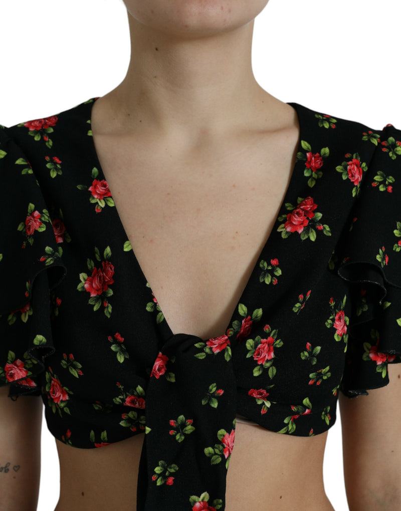 Black Floral Print Short Sleeves Cropped Top