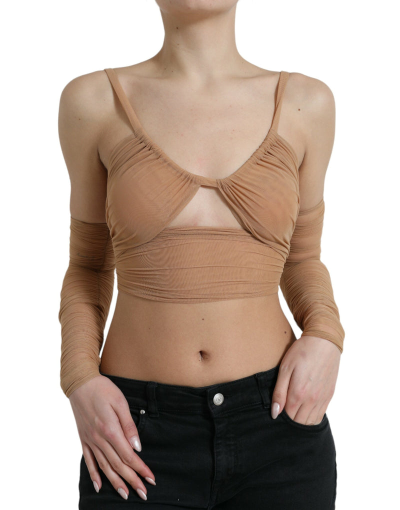 Brown Nylon Stretch Open Shoulder Cropped Top