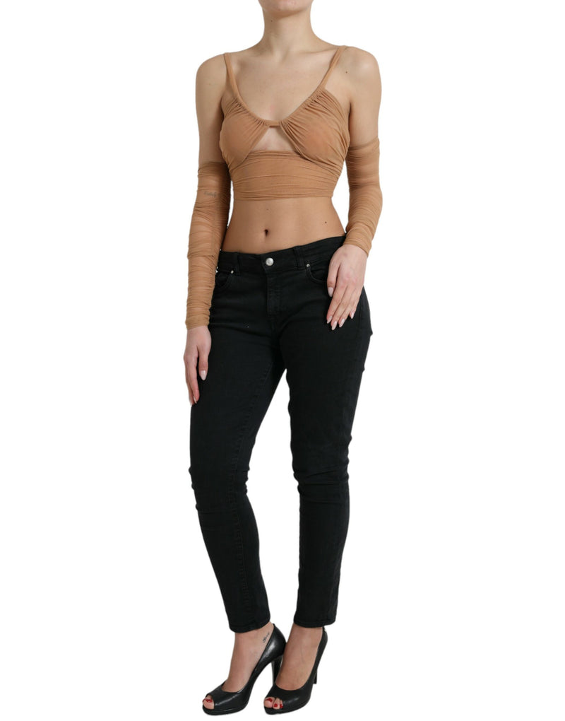 Brown Nylon Stretch Open Shoulder Cropped Top