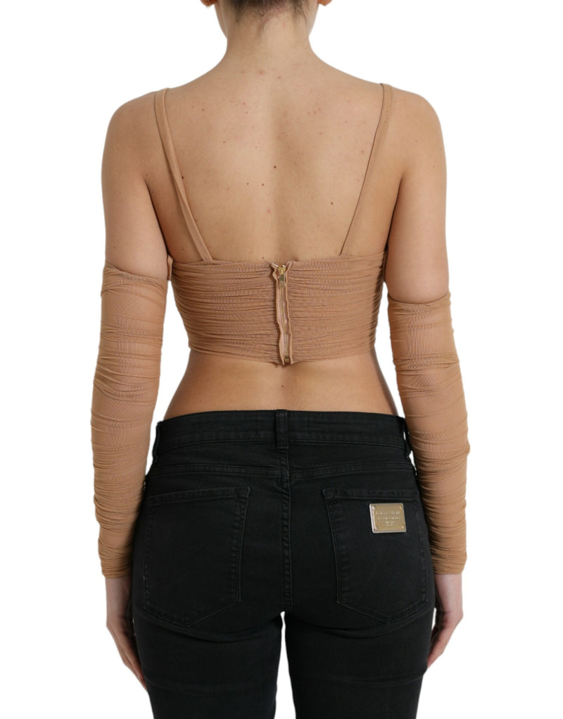 Brown Nylon Stretch Open Shoulder Cropped Top