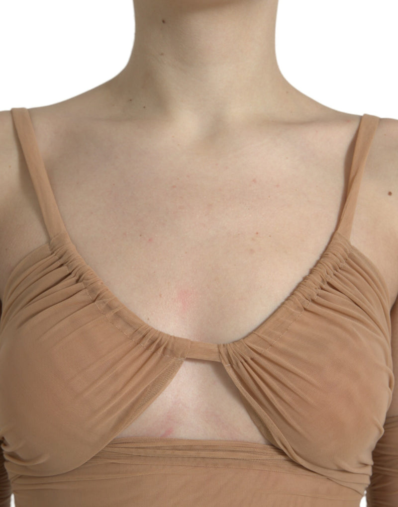 Brown Nylon Stretch Open Shoulder Cropped Top