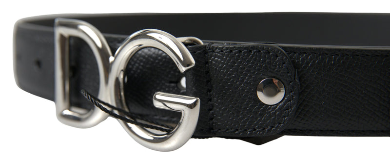 Black Leather Silver Logo Metal Buckle Belt