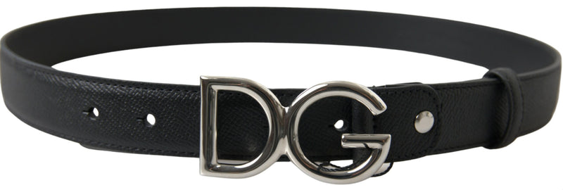 Black Leather Silver Logo Metal Buckle Belt