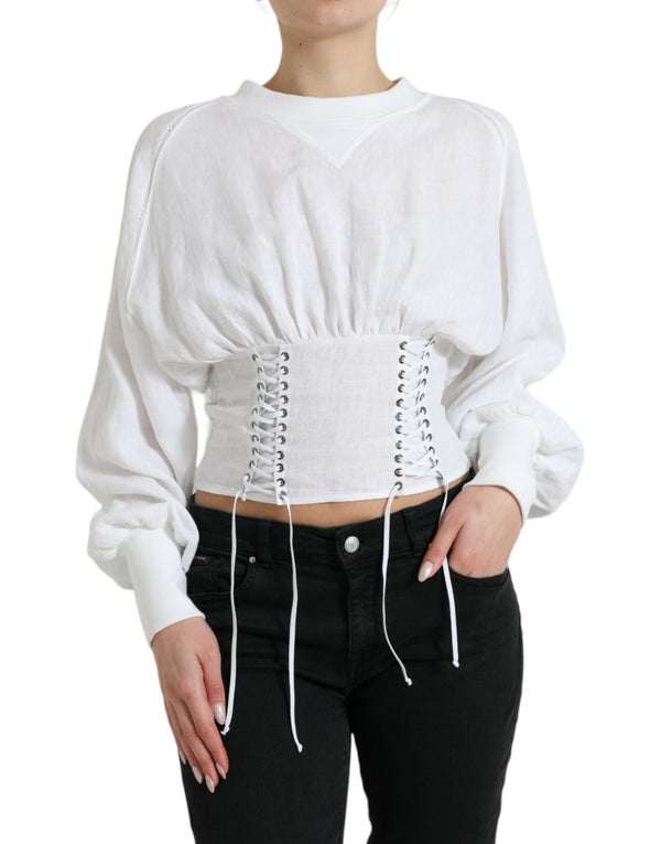 White Cotton Corset Cropped Long Sleeves Top