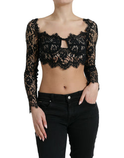 Black Nylon Floral Lace Bustier Cropped Top