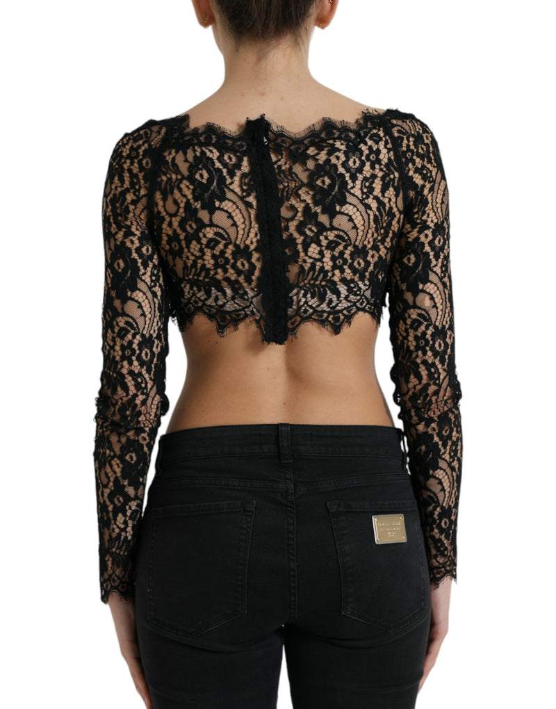 Black Nylon Floral Lace Bustier Cropped Top