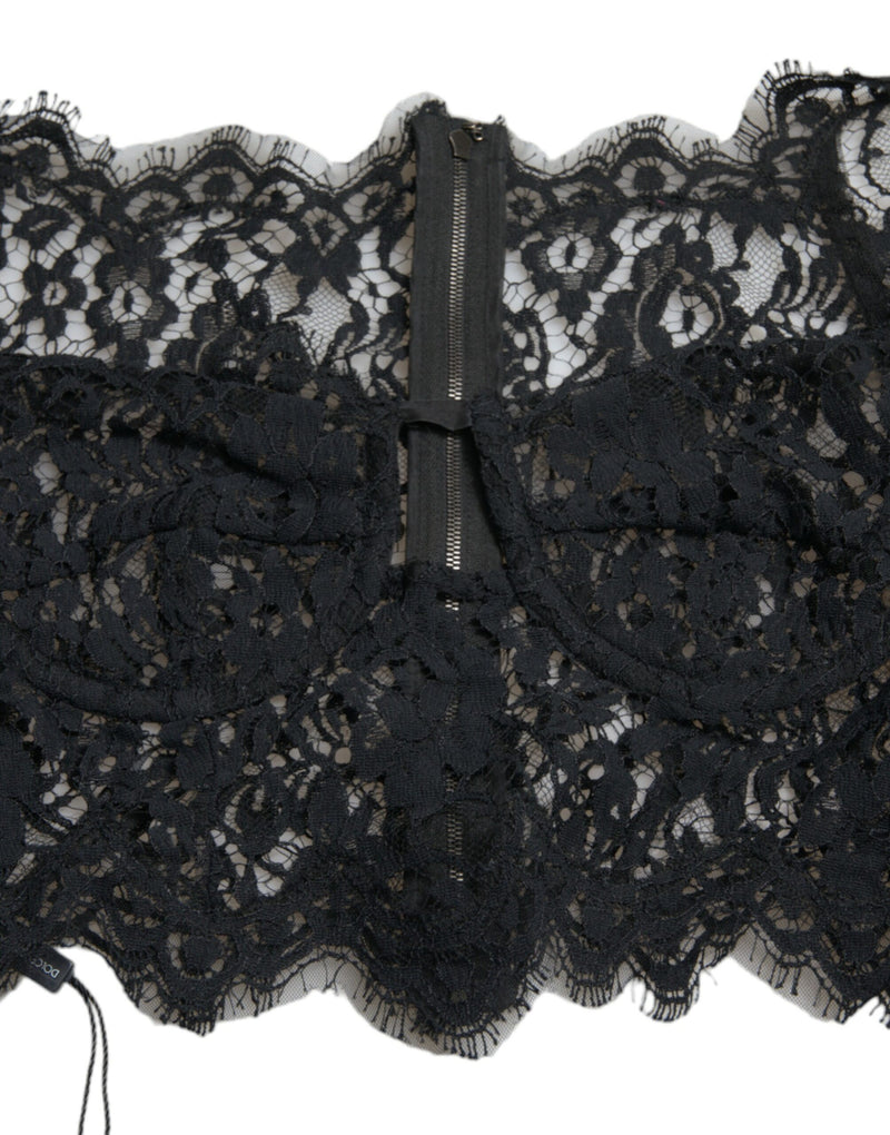 Black Nylon Floral Lace Bustier Cropped Top