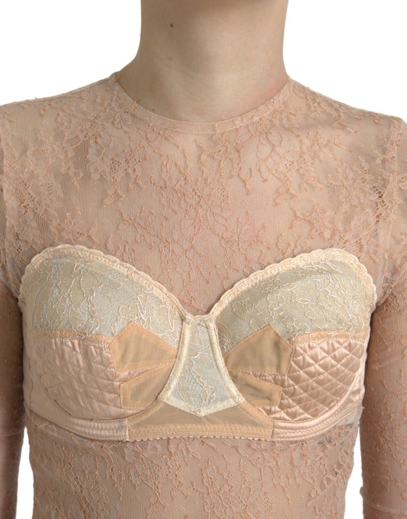 Beige Nylon Floral Lace Bustier Cropped Top