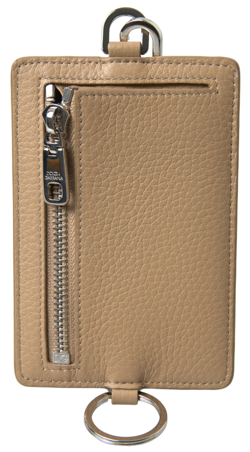 Beige Leather Lanyard Logo Card Holder Men Wallet