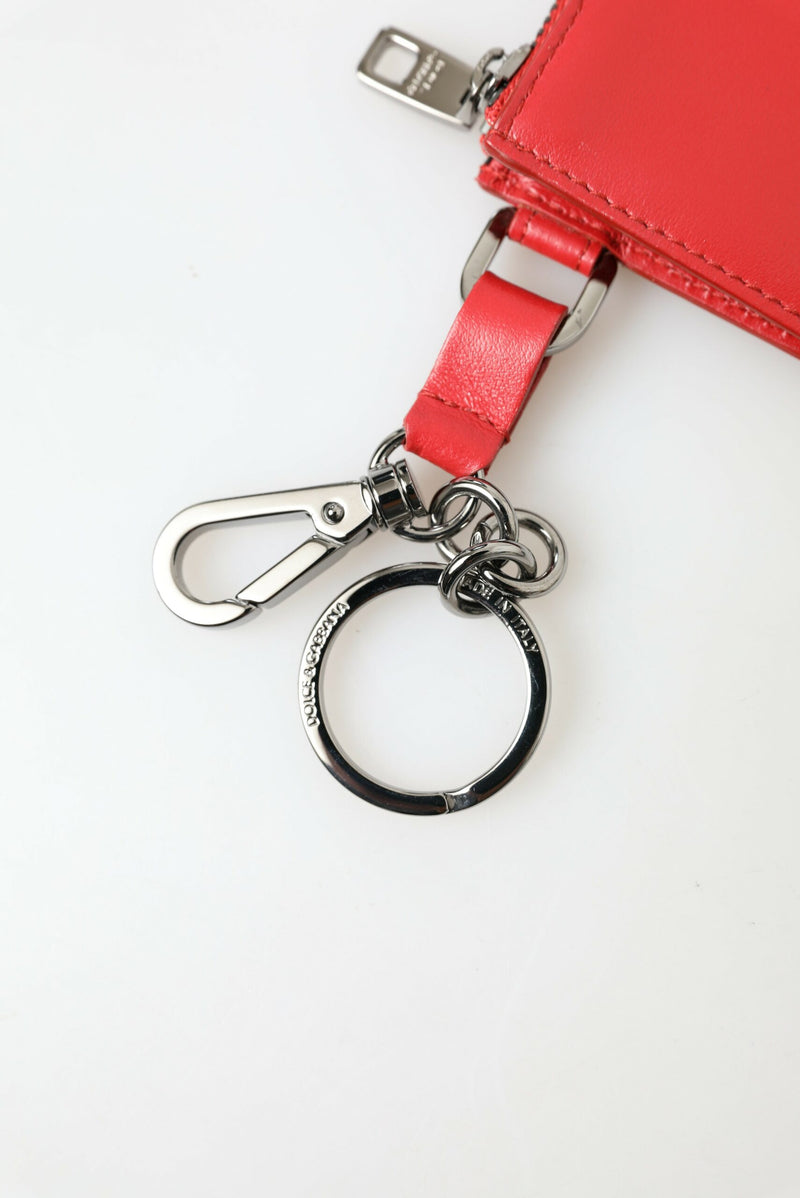 Red Leather Zip Card Holder Logo Men Keyring Wallet