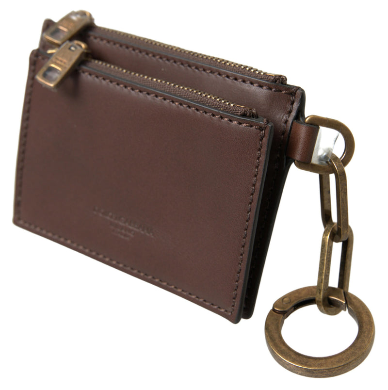 Brown Leather Zip Logo Keyring Coin Purse Wallet