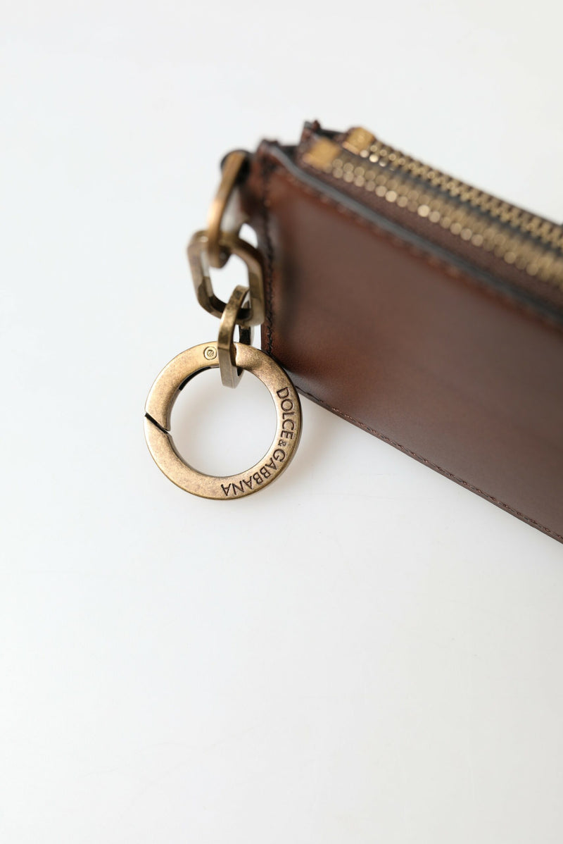 Brown Leather Zip Logo Keyring Coin Purse Wallet