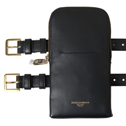 Black Leather Men Purse Double Belt Strap Bracelet Bag