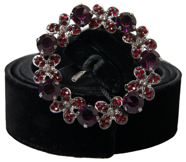 Black Velvet Floral Crystal Buckle Belt