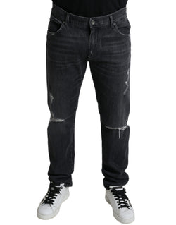 Grey Tattered Cotton Slim Skinny Denim Jeans