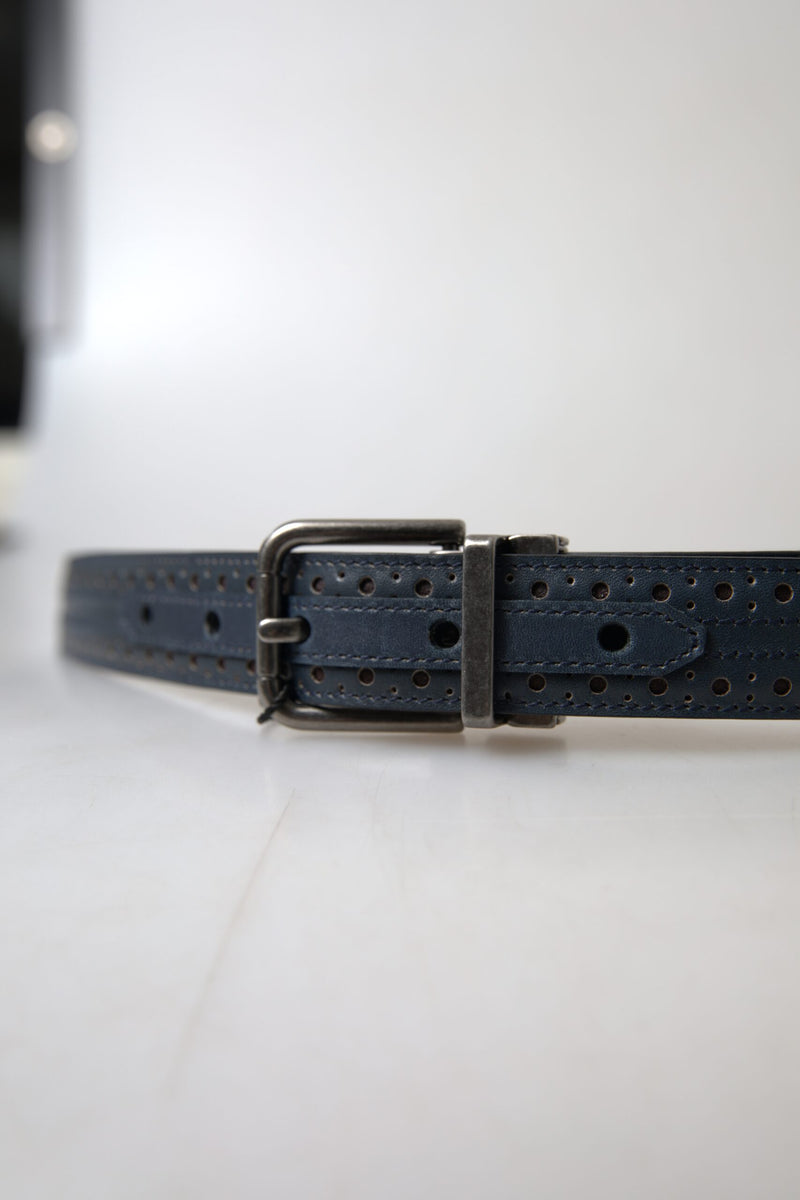 Blue Leather Perforated Metal Buckle Belt