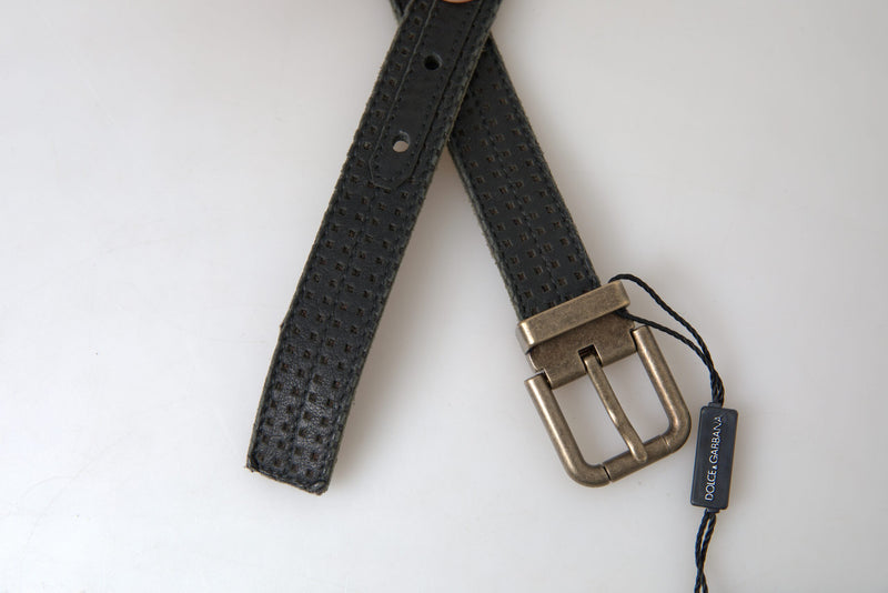 Black Leather Perforated Gold Buckle Belt