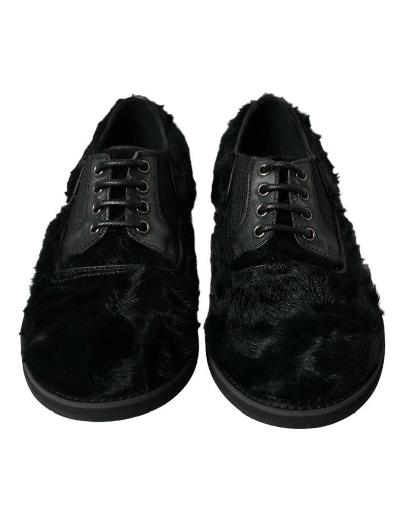 Black Fur Leather Lace Up Derby Dress Shoes