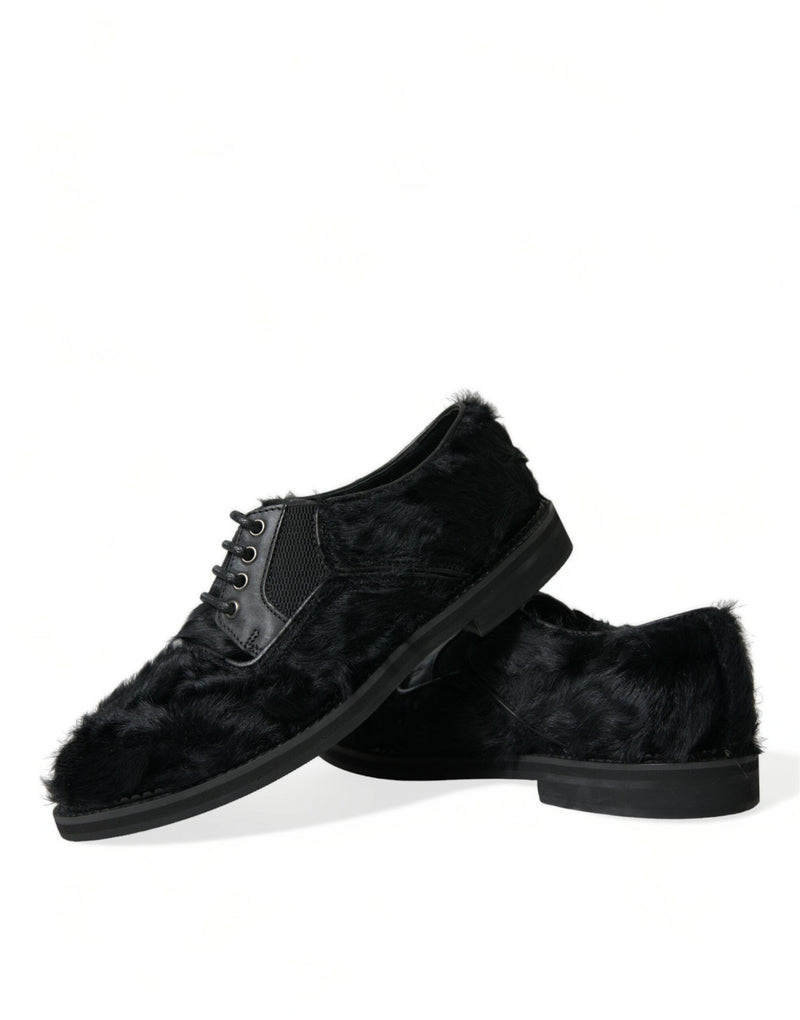 Black Fur Leather Lace Up Derby Dress Shoes