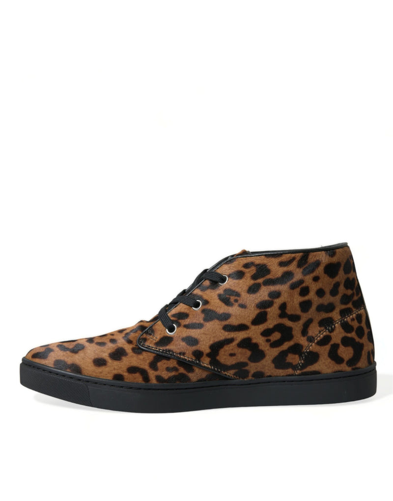 Brown Leopard Pony Hair Leather Sneakers Shoes