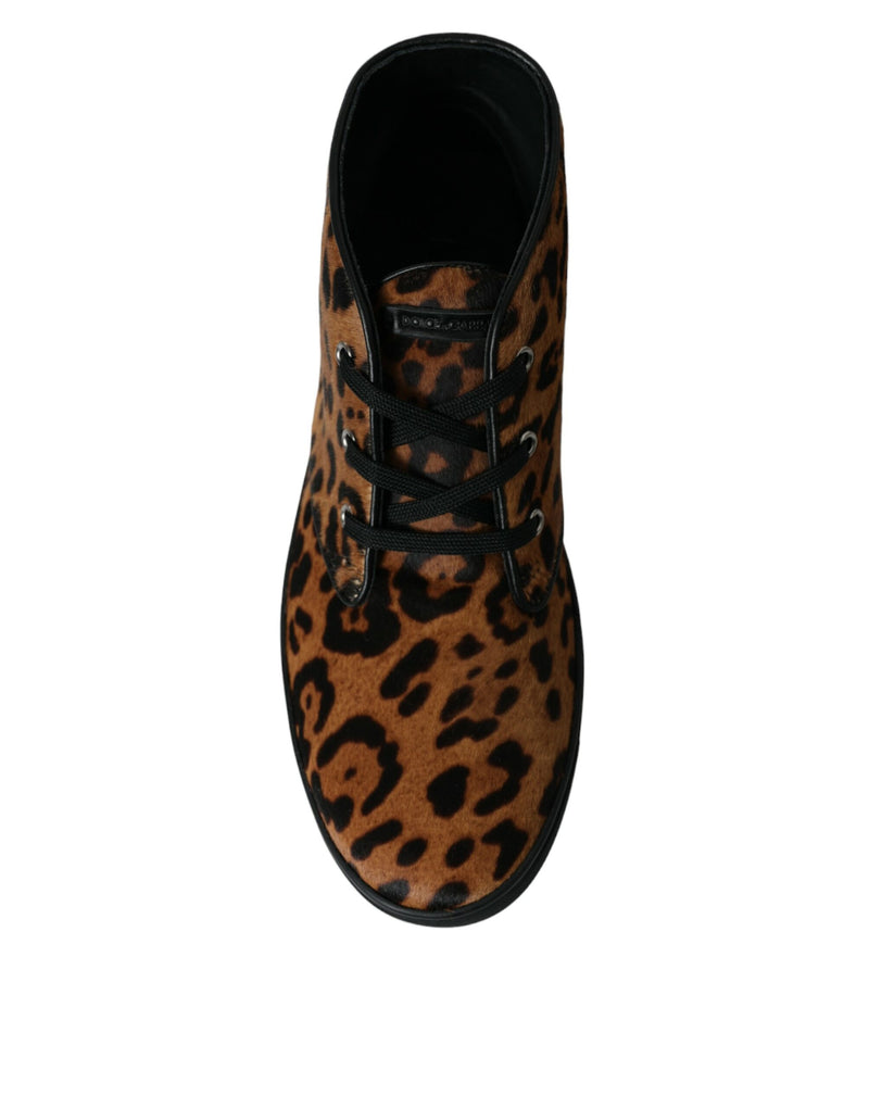 Brown Leopard Pony Hair Leather Sneakers Shoes