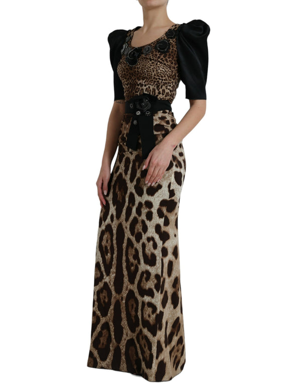 Black Brown Leopard Embellished Sheath Gown Dress