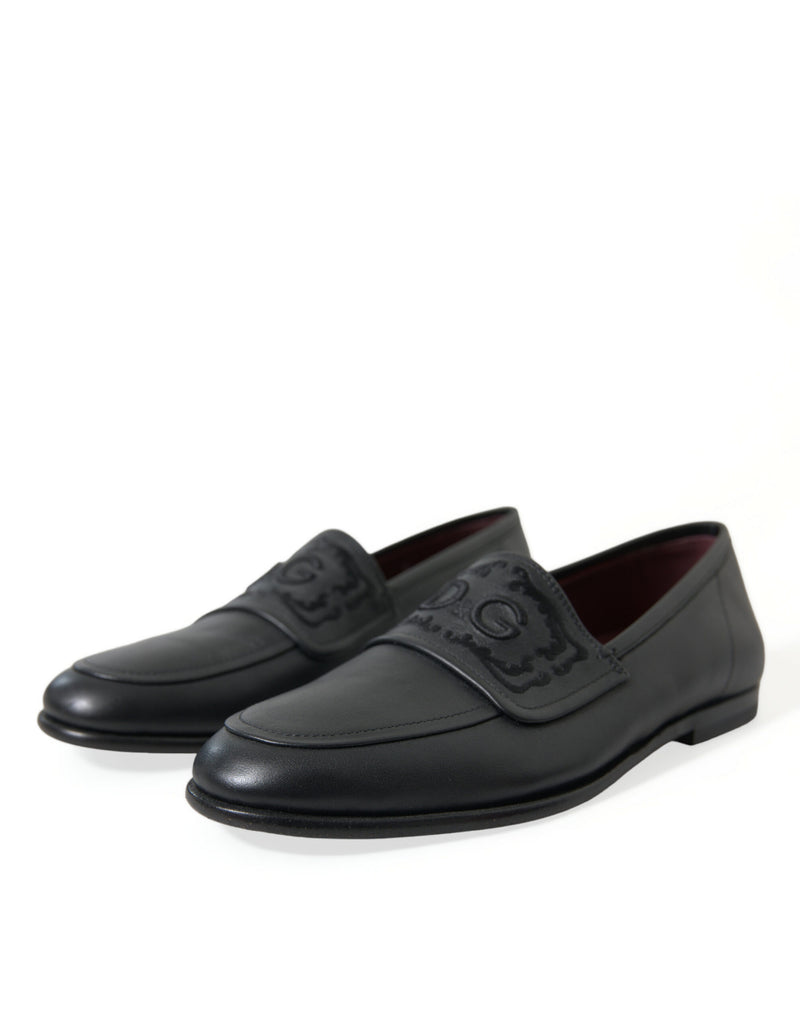 Black Leather Logo Embroidery Loafers Dress Shoes