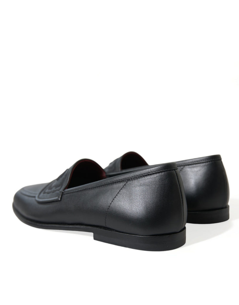 Black Leather Logo Embroidery Loafers Dress Shoes