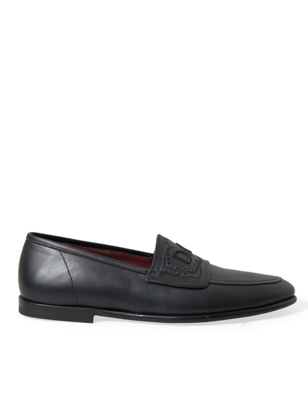 Black Leather Logo Embroidery Loafers Dress Shoes