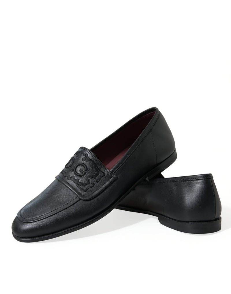 Black Leather Logo Embroidery Loafers Dress Shoes