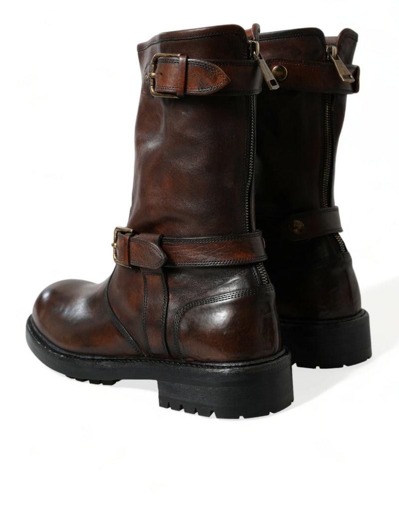 Brown Leather Mid Calf Biker Boots Shoes