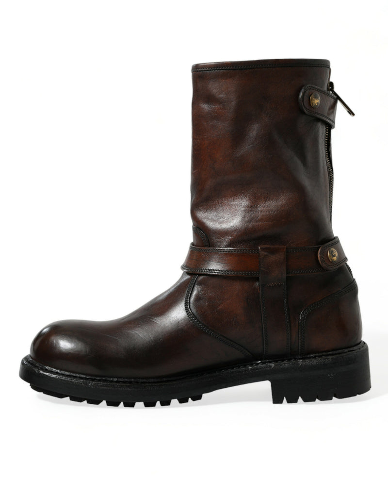 Brown Leather Mid Calf Biker Boots Shoes