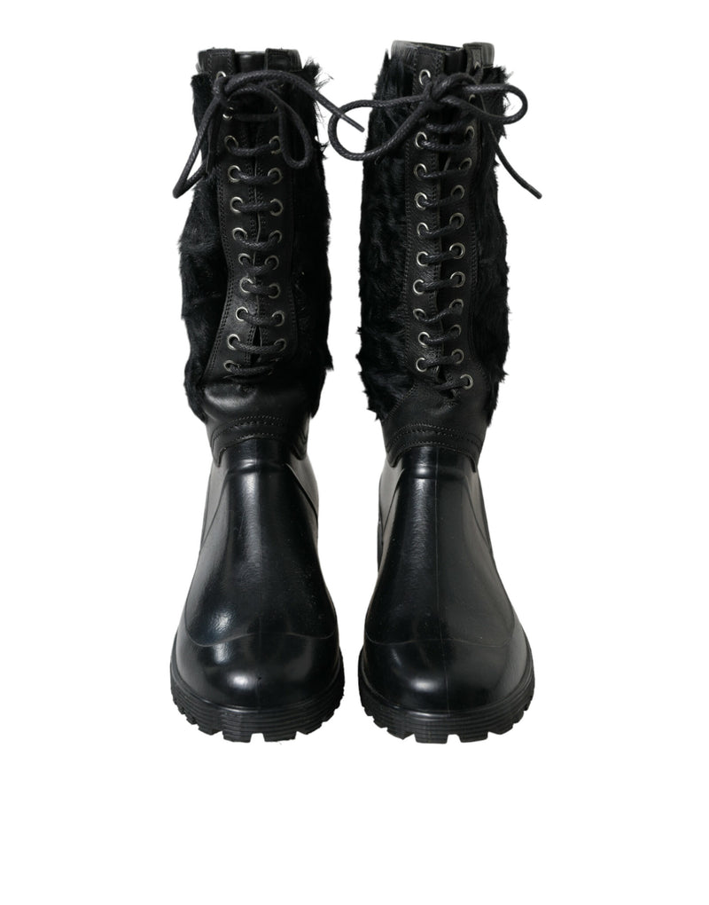 Black Rubber Lace Up Shearling Rain Boots Shoes