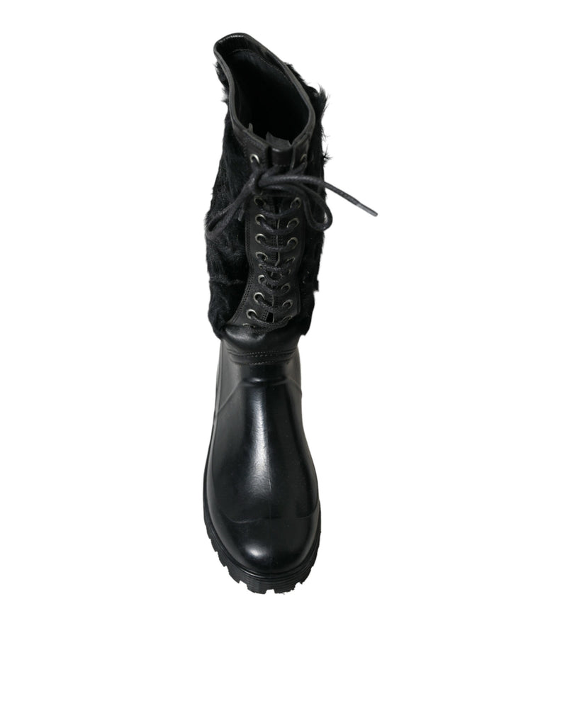 Black Rubber Lace Up Shearling Rain Boots Shoes