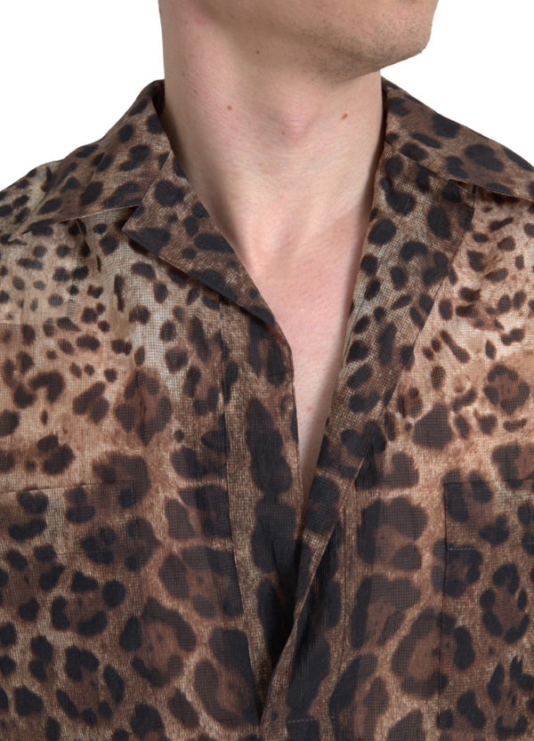 Brown Leopard Print Collared Men Top Shirt