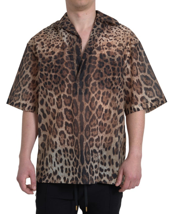 Brown Leopard Print Collared Men Top Shirt