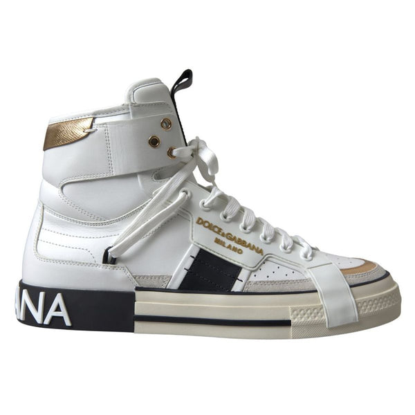 White and gold Leather High Top Mens Shoes