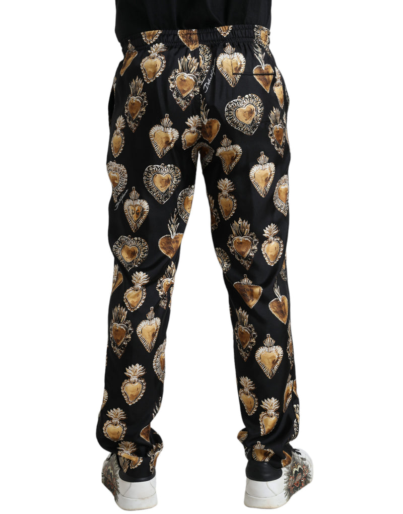 Black Heart Print Silk Men Pajama Pants