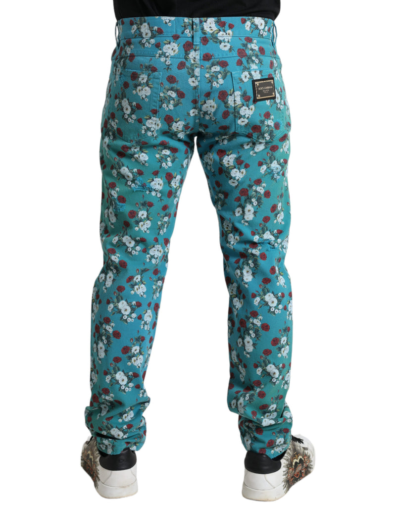 Blue Floral Print Skinny Cotton Denim Pants