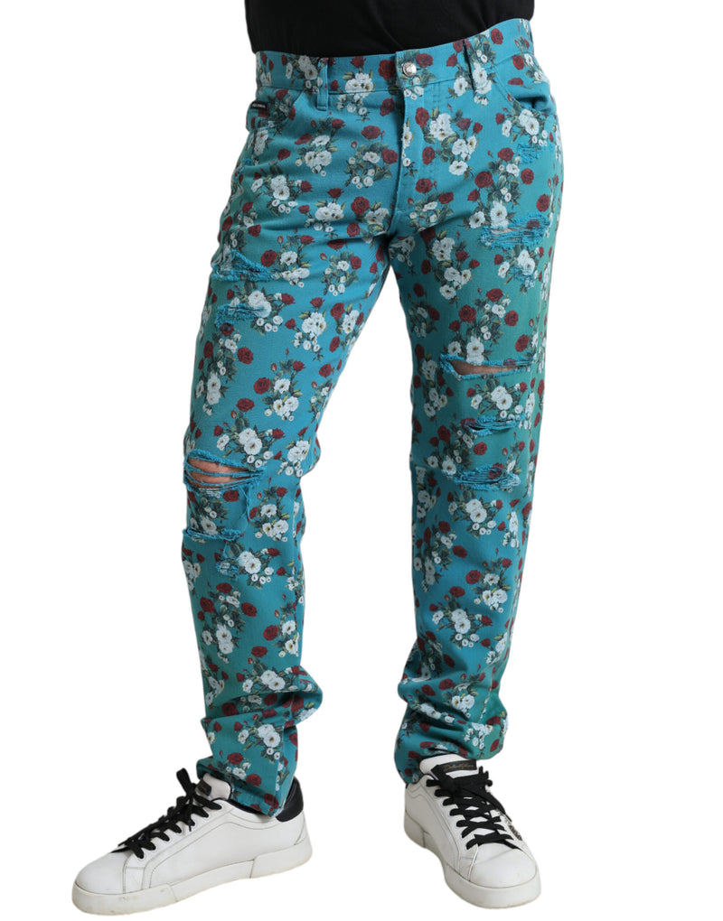 Blue Floral Print Skinny Cotton Denim Pants