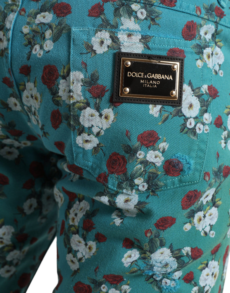 Blue Floral Print Skinny Cotton Denim Pants