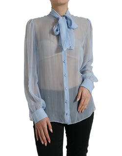 Blue Long Sleeves Ascot Collar Blouse Top