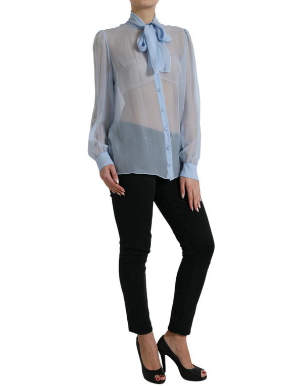 Blue Long Sleeves Ascot Collar Blouse Top