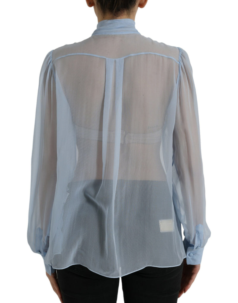 Blue Long Sleeves Ascot Collar Blouse Top