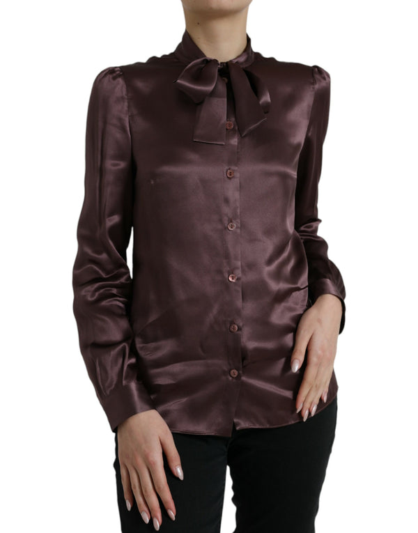 Brown Silk Ascot Collar Long Sleeve Blouse Top